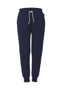 Navyblauwe joggingbroek van zacht materiaal, met een trekkoord in de taille, ribgebreide enkelmanchetten en zijzakken. Soepele textuur, casual ontwerp.