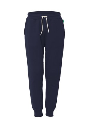 Navyblauwe joggingbroek van zacht materiaal, met een trekkoord in de taille, ribgebreide enkelmanchetten en zijzakken. Soepele textuur, casual ontwerp.