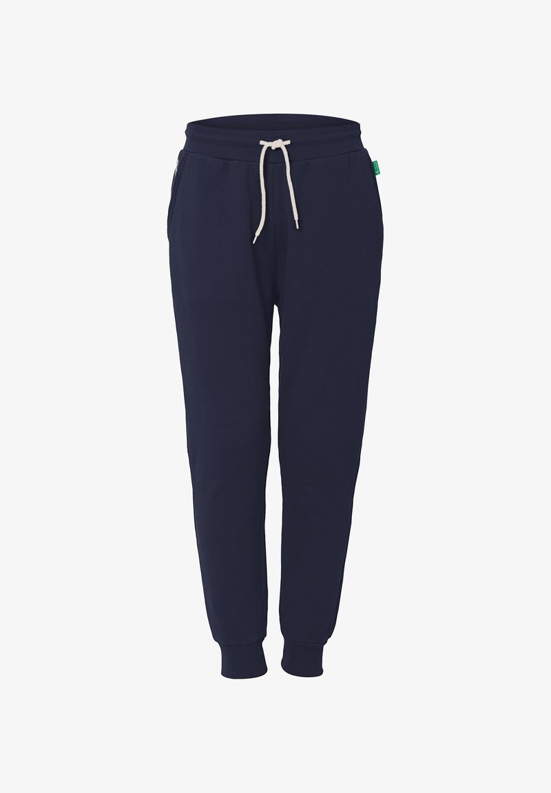 Navyblaue Jogginghose aus weichem Material, mit einem Kordelzugbund, gerippten Bundabschlüssen und Seitentaschen. Glatte Textur, lässiges Design.