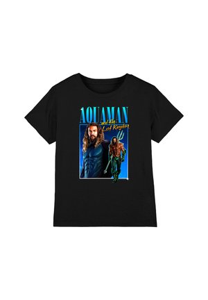 Black t-shirt with Aquaman graphic showing two poses; one with armor and one holding a trident, titled "Aquaman and the Lost Kingdom."