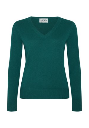 Teal long-sleeve V-neck sweater with ribbed cuffs and hem, displayed on a white background.