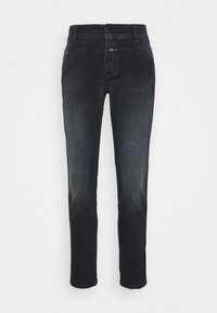Jeans in denim nero con una vestibilità slim, caratterizzati da una superficie liscia, tasche anteriori e posteriori, e un classico design a cinque tasche.