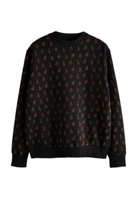 Sort sweatshirt med et gentaget mønster af orange ornamenter. Ribbet krave og manchetter, blød tekstur, afslappet pasform.