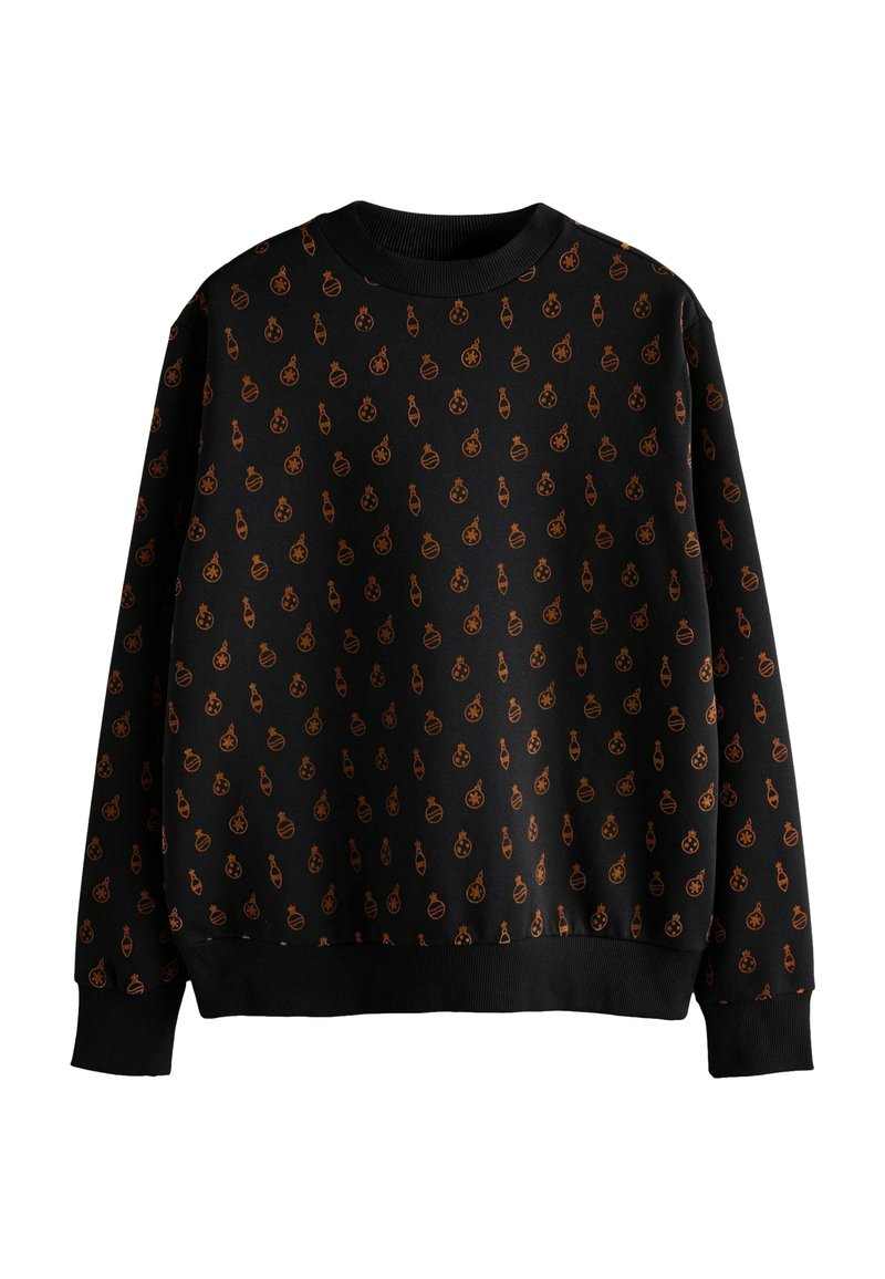 Sort sweatshirt med et gentaget mønster af orange ornamenter. Ribbet krave og manchetter, blød tekstur, afslappet pasform.