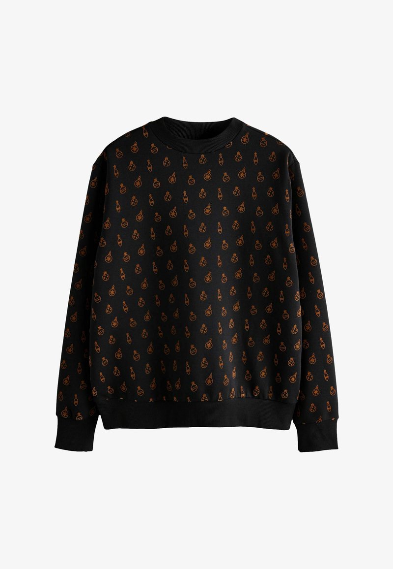 Sort sweatshirt med et gentaget mønster af orange ornamenter. Ribbet krave og manchetter, blød tekstur, afslappet pasform.