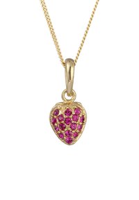Pendentif en or en forme de cœur avec des pierres précieuses roses incrustées sur toute sa surface, suspendu à une fine chaîne en or.