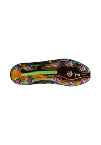 Suola di scarpetta da calcio con una base nera, accenti gialli brillanti, tacchetti multicolore multidirezionali e motivi testurizzati per una migliore aderenza.