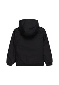 Sort hættetrøje med elastiske manchetter og kant. Glat materiale, enkelt design uden yderligere accenter eller mønstre. Bagfra set.