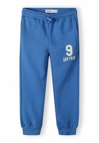 Blauwe sweatpants van een katoenmix, met een elastische tailleband, een trekkoord en witte bedrukte graphics "9 SAN FRAN" op de zijkant.