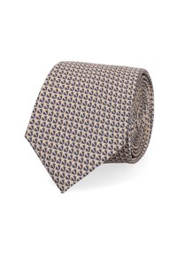 Granatowy i beżowy krawat w wzorki z powtarzającymi się kształtami trójkątów, wykonany z tkaniny tkanej, zwinięty w schludny spiralny kształt.