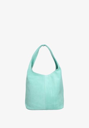 Mintgroene suède schoudertas met een brede, ronde opening en een enkele doorlopende schouderband, met een gladde textuur en minimale naden.