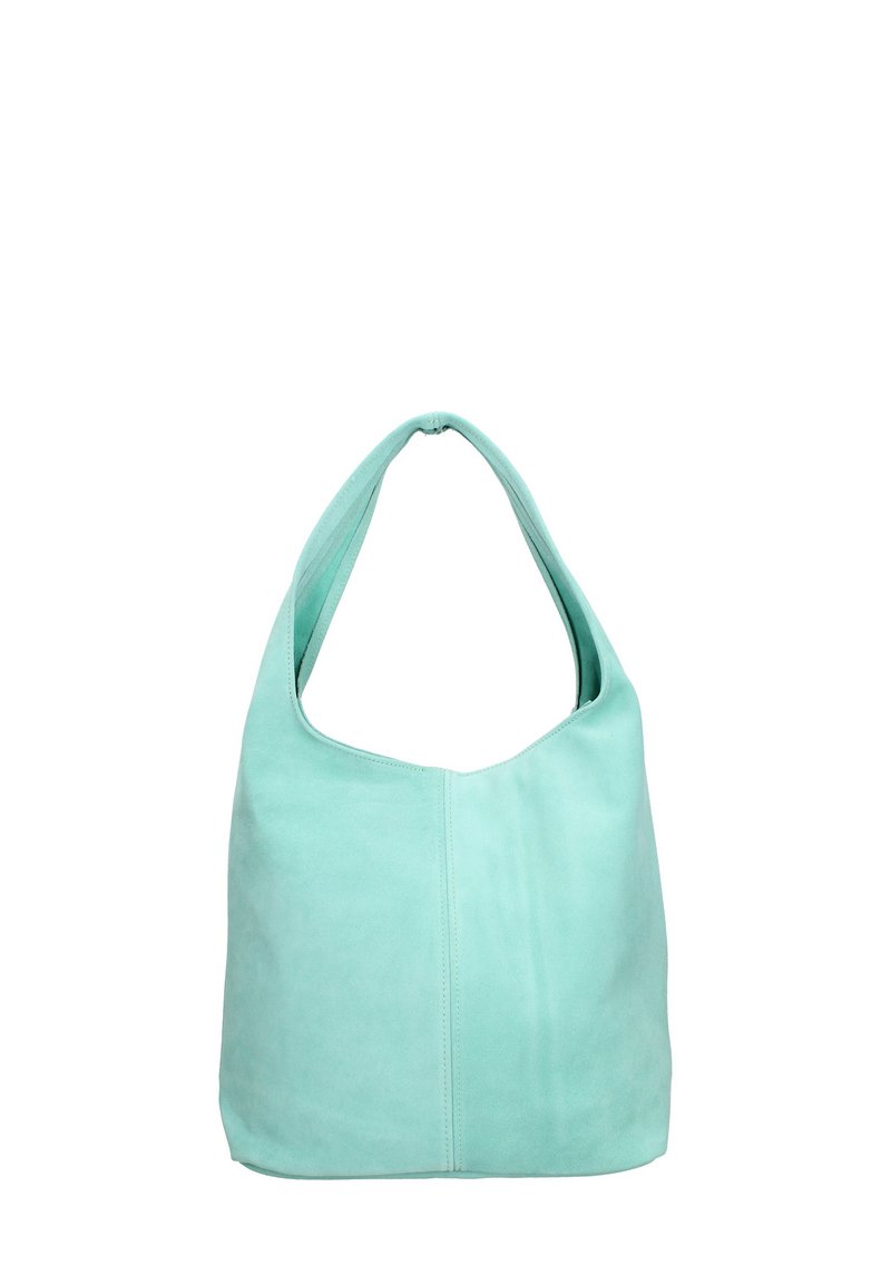 Sac en suède vert menthe avec une large ouverture arrondie et une seule bandoulière continue, présentant une texture lisse et des coutures minimales.