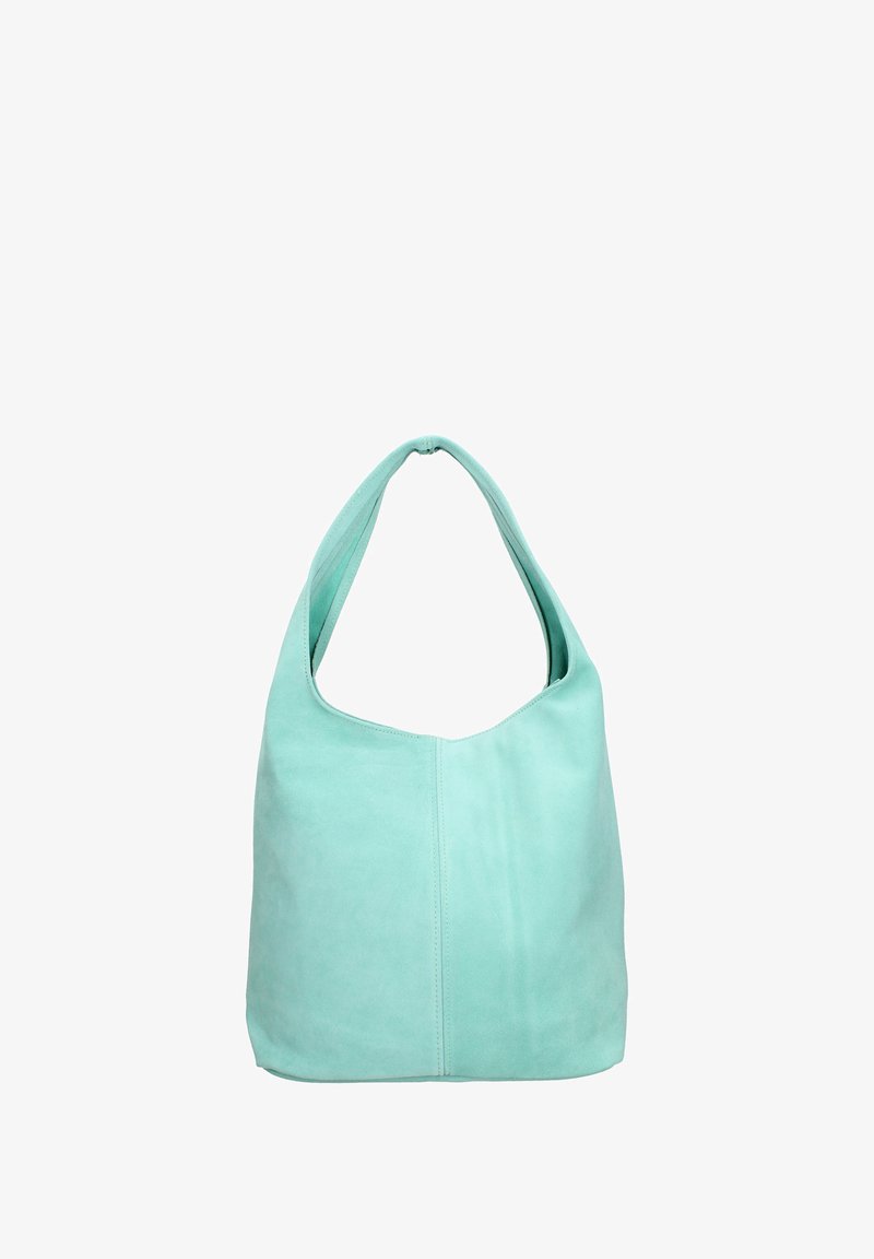 Mintgroene suède schoudertas met een brede, ronde opening en een enkele doorlopende schouderband, met een gladde textuur en minimale naden.