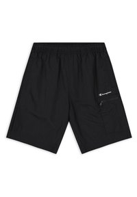 Pantaloni corti leggeri neri con vita elastica, dotati di una tasca laterale con zip e logo ricamato sulla parte anteriore sinistra.