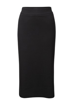Schwarze knielange Rock mit schmalem Bund, aus weichem Stoff, geeignet für legere oder formelle Anlässe. Keine sichtbaren Muster oder Designs.