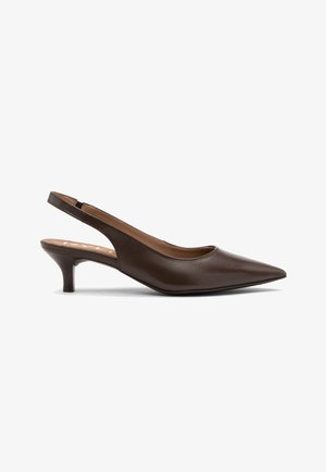 Ruske nahkato imeliga shoe, který má špičatou špičku, střední podpatek, hladkou texturu a žádné viditelné vzory nebo akcenty.