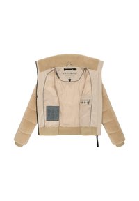 Beige Bomberjacke mit geripptem Kragen, weichen, fellähnlichen Ärmeln und glattem Futter. Mit Logo und Pflegehinweisen im Inneren. Mit Reißverschluss.