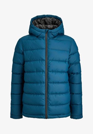 Sinine puffjakker, millel on kapuuts, beež sweatshirt all, mustad cargo püksid ja beežid jalanõud. Sile tekstuur ja tikkimismuster.