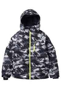 Přikrývková bunda s černošedým maskáčovým vzorem. Má kapuci, jasně zelený zip a kapsu na zip na hrudi.