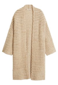 Beżowy sweter z dzianiny z otwartym przodem, szerokimi rękawami i teksturowanym wzorem. Wykonany z miękkiego materiału, charakteryzuje się luźnym i wygodnym fasonem.