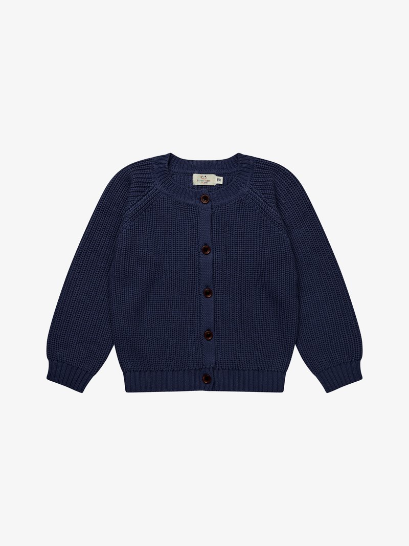 Cardigan tricotado azul-marinho com gola redonda, fecho de botão, punhos e bainha canelados. O material parece macio e possui um padrão texturizado.