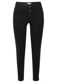 Czarne spodnie dżinsowe o dopasowanym kroju, z pięcioma kieszeniami, zapięciem na dwa guziki i suwakami przy kostkach dla dodatkowego efektu.