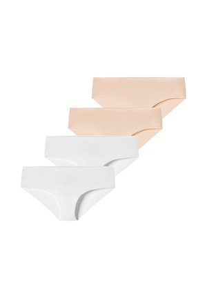 Vier naadloze damesbikini's in beige en wit, gerangschikt in overlappende rijen op een witte achtergrond.