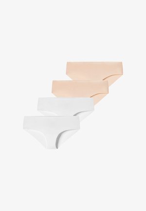 Vier nahtlose Damen-Bikini-Unterwäsche in Beige und Weiß, angeordnet in überlappenden Reihen auf weißem Hintergrund.