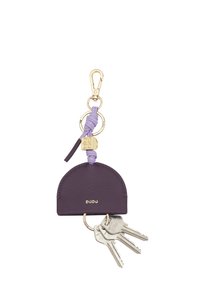 Purple leather keychain holder with gold hardware, featuring a rounded design and a lavender knotted accent, holding metal keys.