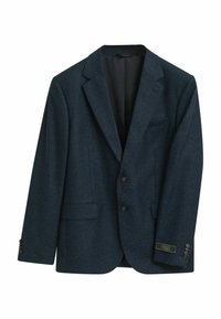 Marineblaues strukturiertes Blazer mit Reverskragen, drei-Knopf-Front, einer Brusttasche und drei-Knopf-Manschetten. Markenetikett am Ärmel.