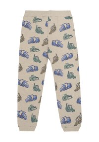 Beige Kinder-Sweatpants mit bunten Drucken von Traktoren und Baufahrzeugen. Elastischer Bund und gerippte Knöchel für eine bequeme Passform.