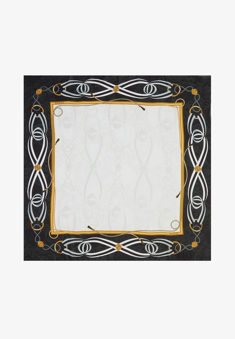 Foulard carré avec un centre blanc, une bordure noire, des pièces dorées, des cordes et des motifs de rubans bleus et blancs entrelacés.