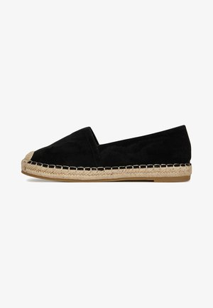 Espadrilla nera slip-on con suola intrecciata in juta e fondo in gomma, caratterizzata da punta chiusa e tomaia in tessuto morbido.
