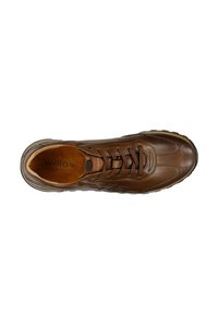 Brown leather sports shoe with a smooth texture, featuring a lace-up design, padded collar, and a rubber sole, branded "wojas."