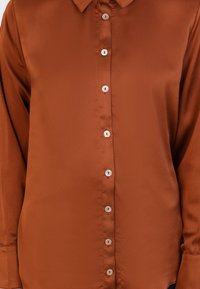 Braune Satin-Hemd mit Kragen, Knopfleiste und langen Ärmeln. Die Knöpfe sind hell gefärbt und leicht rund.
