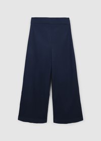 Culottes larges bleu marine avec une texture lisse, une ceinture ajustée et une coupe nette ; sans motifs visibles ni détails métalliques.