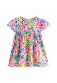 Multicolore katoenen jurk met korte mouwen, een geplooide rok en een verscheidenheid aan gedrukt smiley gezichten, bloemen en tekstontwerpen.