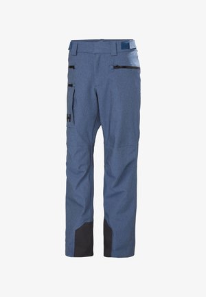 Blaue Skihosen aus robustem Material mit strukturiertem Finish. Verfügt über zwei Reißverschlusstaschen und schwarze verstärkte untere Bereiche.