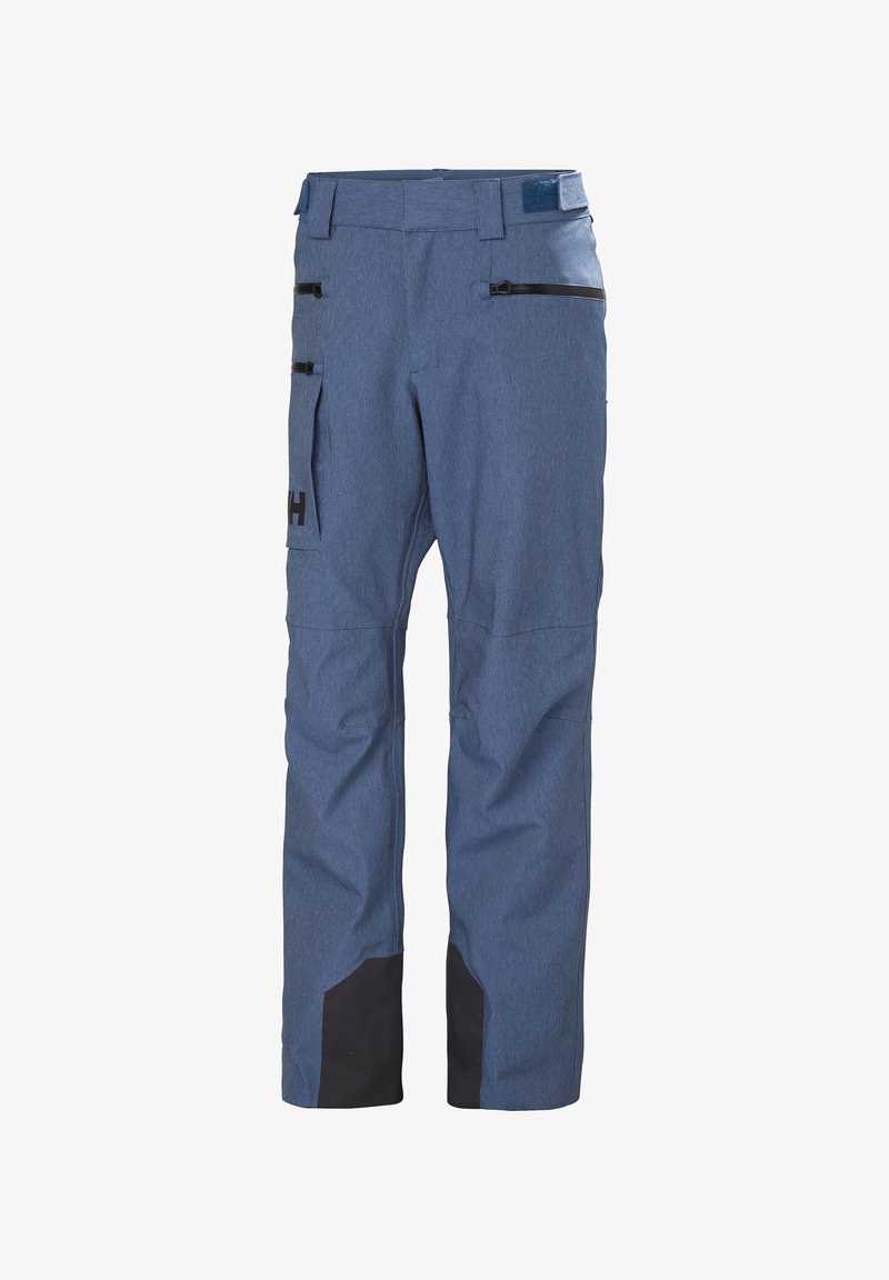 Blauwe skibroek gemaakt van duurzaam materiaal met een gestructureerde afwerking. Voorzien van twee ritszakken en zwarte versterkte onderdelen.