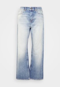 Světle modré džínové kalhoty s širokým střihem, s vybledlým přechodem, pěti kapsami a zapínáním na knoflík v pase. Hladká textura, ležérní design.