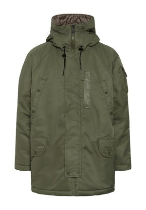 Olivgrüne gepolsterte Jacke mit Kapuze, zwei vorderen Taschen und einer mit Reißverschluss versehenen Brusttasche. Verfügt über elastische Kordeln und ein weiches Innenfutter.