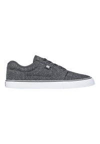 Gray fabric sneakers with a textured finish, lace-up design, and white rubber soles. Features a black accent line along the sole edge.