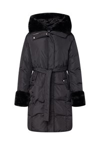 Manteau noir en duvet avec une capuche doublée de fourrure, taille ceinturée et poignets en fausse fourrure. Comprend une fermeture éclair et des poches latérales.