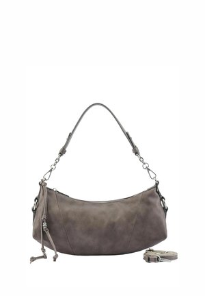 Grijze, halvemaanvormige leren handtas met ritssluiting aan de bovenkant, decoratieve kwastjes, korte bevestigd riem en een aparte langere verstelbare riem.