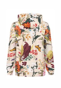 Hoodie w kwiatowym wzorze na beżowym tle, z kolorowymi wzorami kwiatów i motyli. Zaprojektowany z kapturem na sznurki i długimi rękawami.