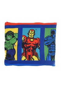 Coprimacchia con design di supereroi: Hulk in verde, Iron Man in rosso e Black Panther in blu, su uno sfondo multicolore. Tessuto in cotone.