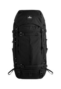 Zwarte rugzak met meerdere externe banden, zakken en een bovenflap. Gemaakt van stevig materiaal met een rechthoekige vorm en verstelbare onderdelen.