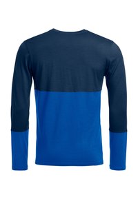 Long-sleeve shirt featuring a navy upper section and bright blue lower section. Made of soft fabric with a smooth texture and classic crew neckline.