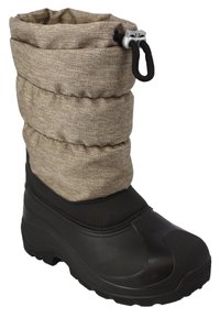 Beige Obermaterial aus Stoff mit gestepptem Design, untere Partie aus schwarzem Gummi, einstellbarer Kordelzug oben und strukturierte Laufsohle für Traktion.