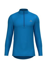 Camiseta de manga larga azul con cuello de media cremallera, hecha de un tejido suave y elástico. Presenta un sutil detalle del logo en el pecho.